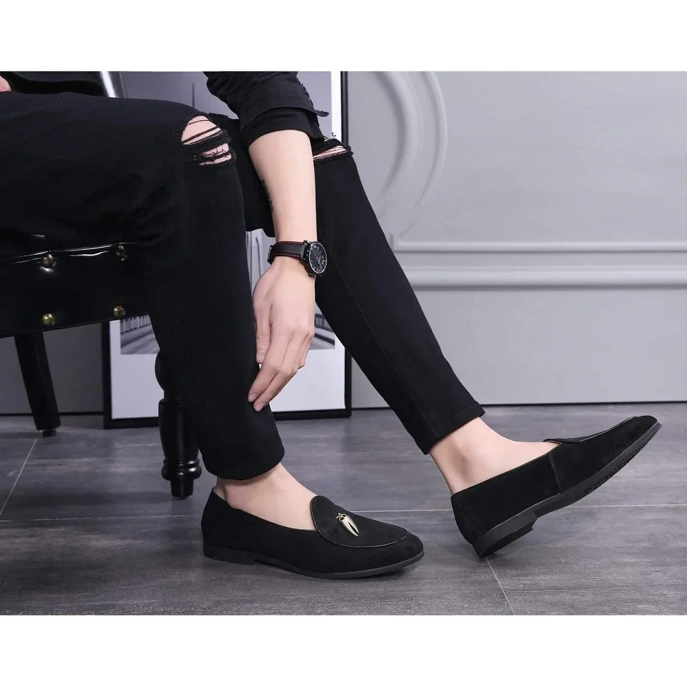 Santimon Men's US 8.5 Black Suede Smoking‎ Slip On Loafers Formal Dress Shoes